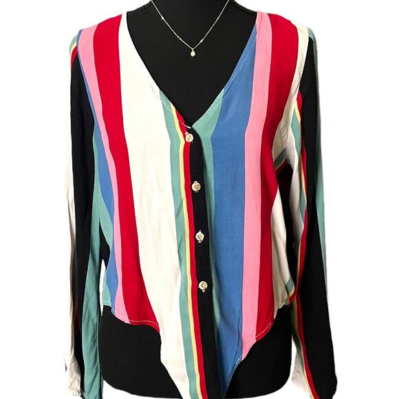 3/$15 Rue 21 Multi Colored Striped Long-sleeved V Neck Blouse - Picture 4 of 8